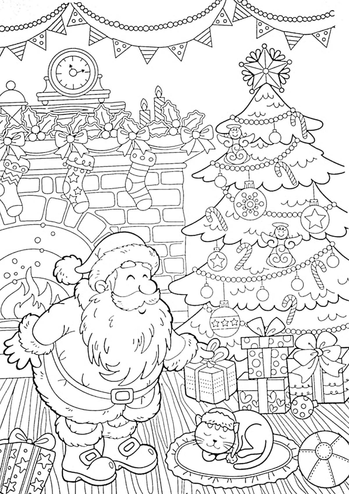 Раскраска Санта-Клаус с подарками, спящий котенок на коврике, украшенная елка, подарки, камин с новогодними носками, гирлянды и часы