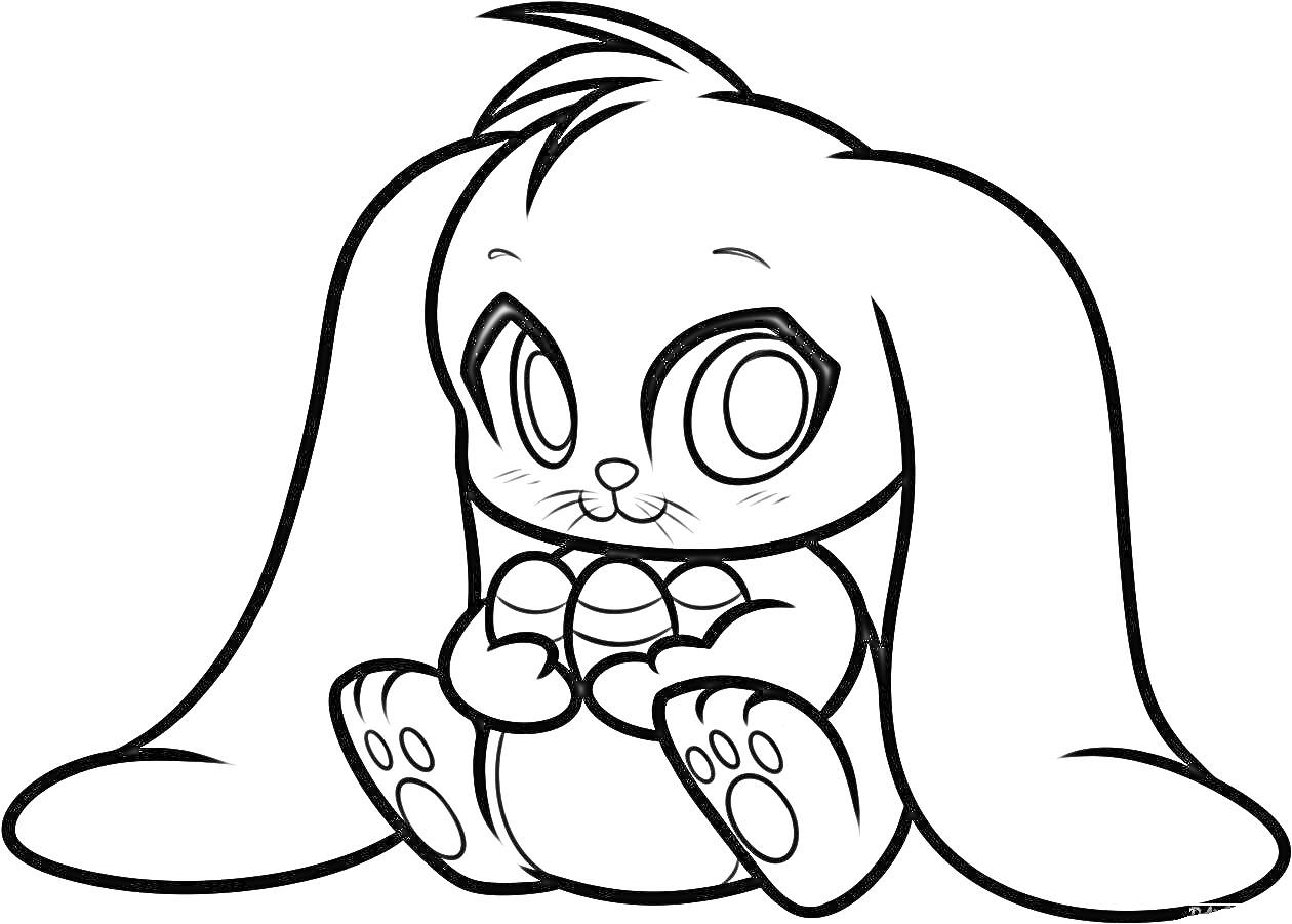 Раскраска Кролик с длинными ушами сидит, держа передними лапками яйца
