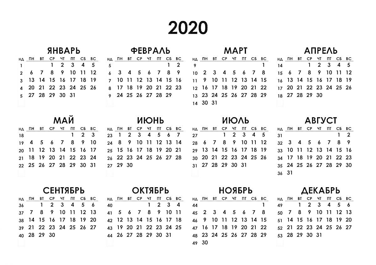 Раскраска Календарь на 2020 год с названиями месяцев и днями месяца в квадратной сетке