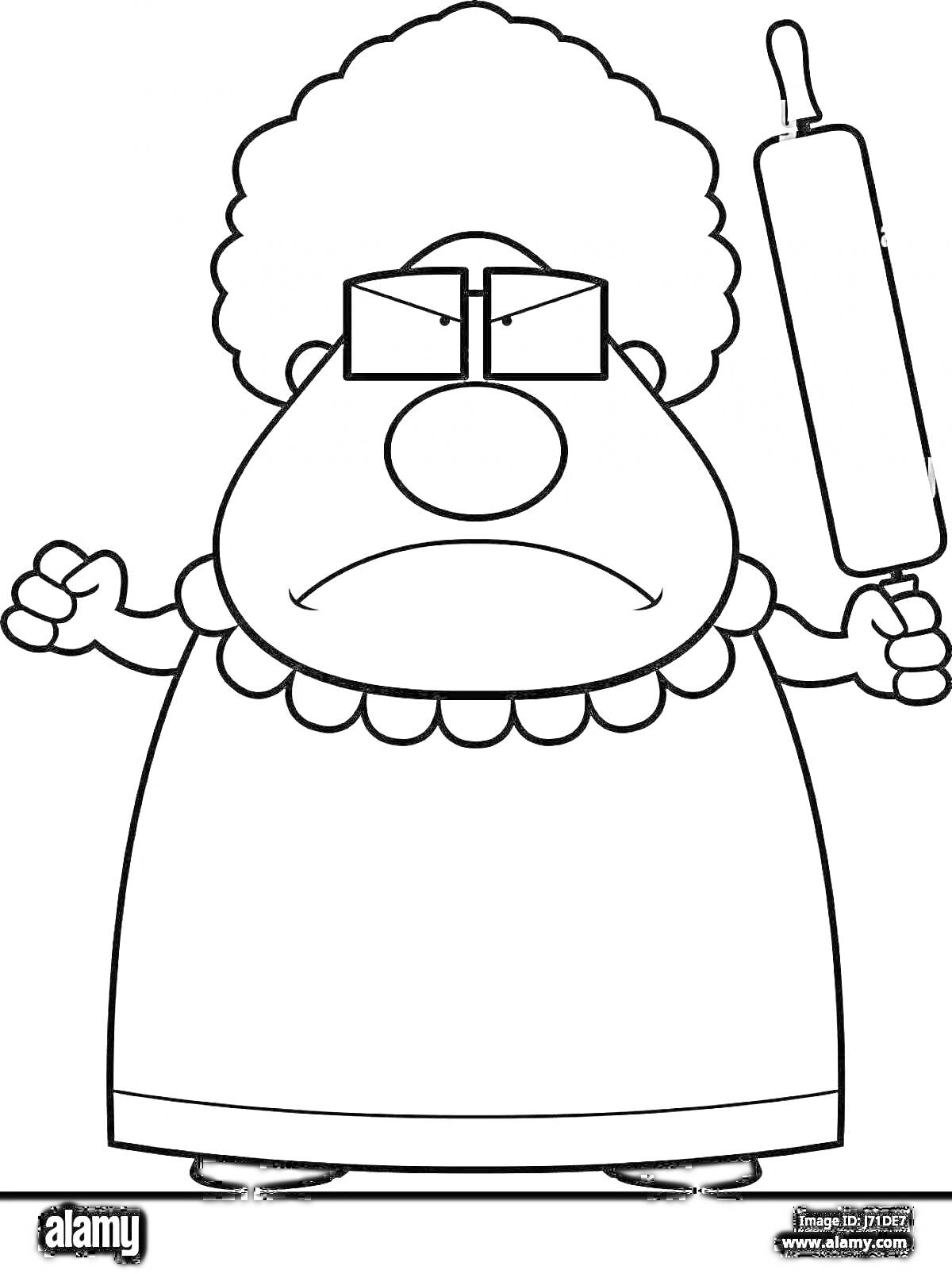 Раскраска Баба гренни с очками, фартуком и скалкой