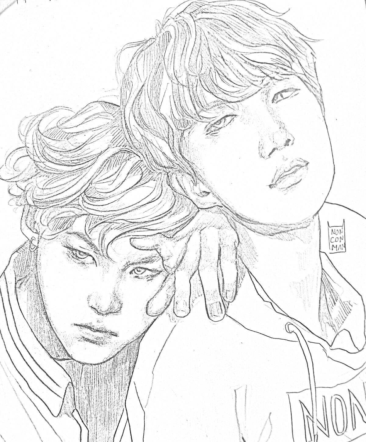 Раскраска Портрет двух мальчиков с волнистыми волосами, один положил руку на плечо другого