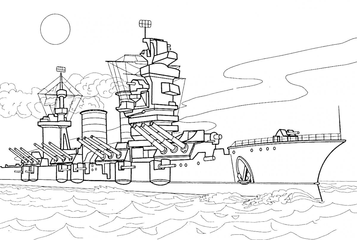 На раскраске изображено: Военный корабль, Море, Волны, Облака, Солнце