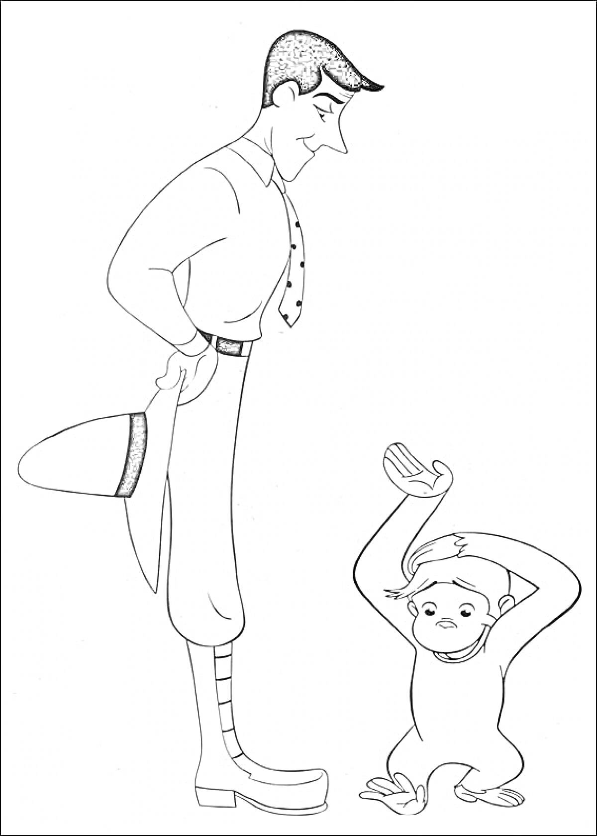 Раскраска Мужчина в шляпе и обезьянка с вытянутыми вверх руками