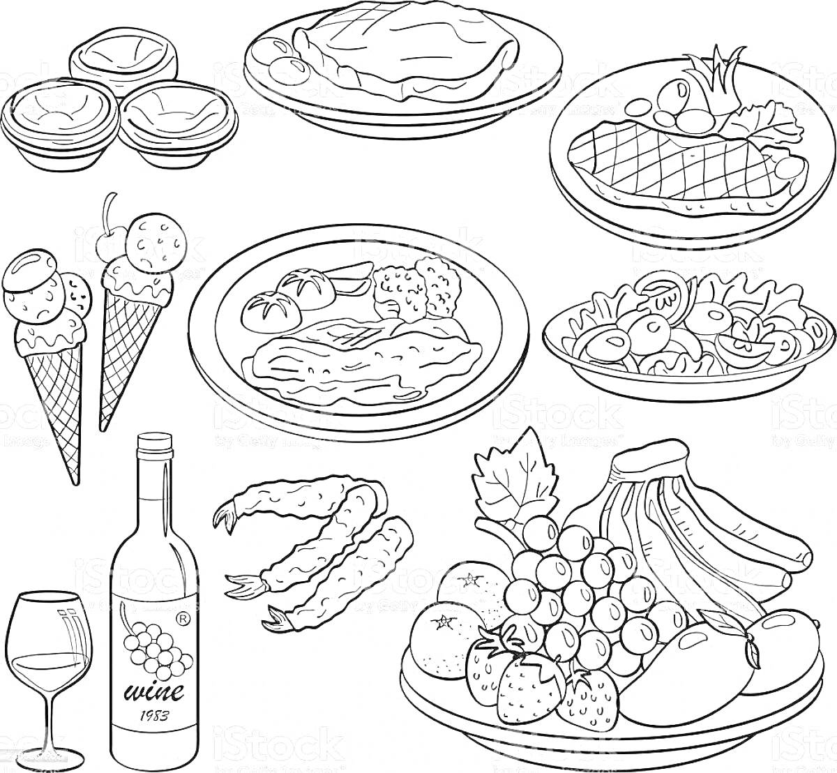 Раскраска стол с пирогами, блинами, стейком, курицей, салатом, мороженым, бутылкой вина и бокалом, креветками, тарелкой с фруктами (виноград, бананы, клубника, апельсин)