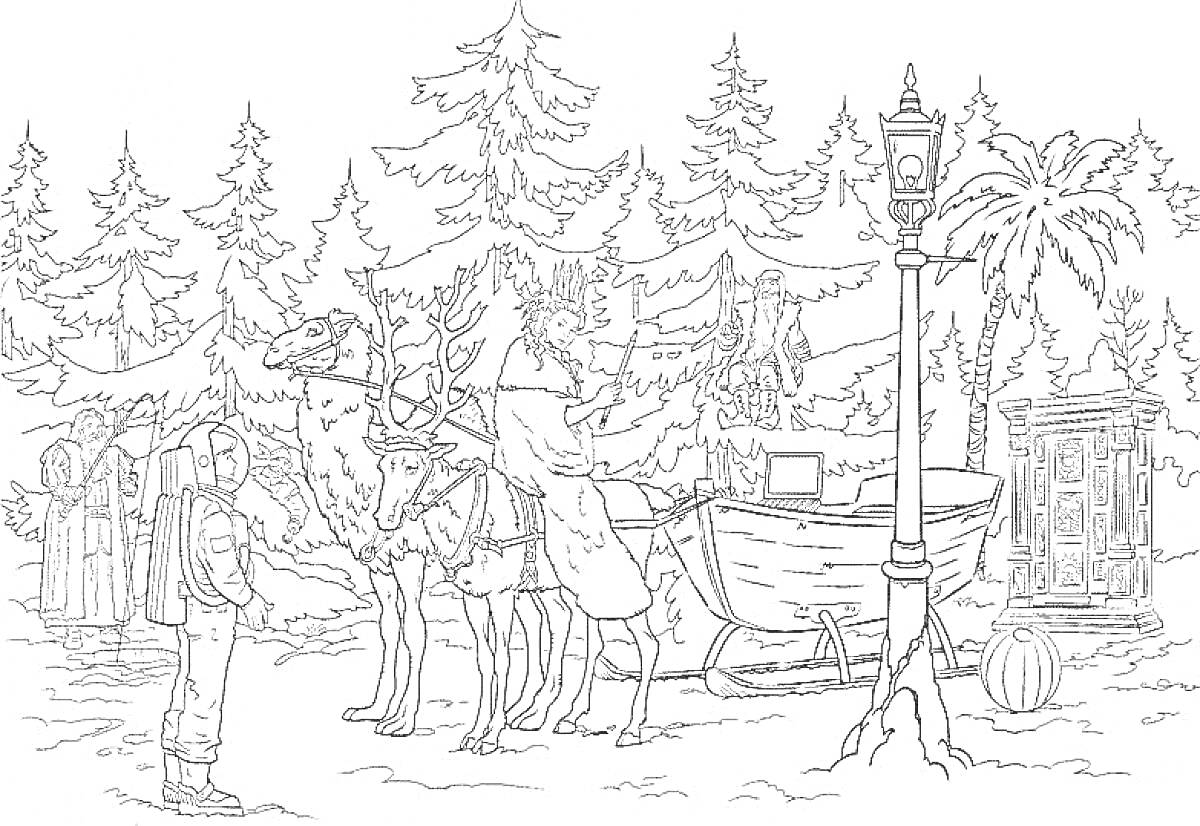 На раскраске изображено: Лес, Сани, Северный олень, Зима, Из сказок, Персонаж, Фонари