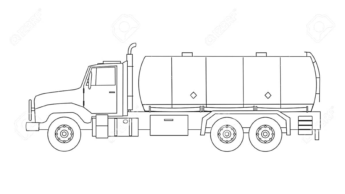 Раскраска КАМАЗ бензовоз (контурная раскраска) с кабиной, колесами, цистерной и выхлопной трубой