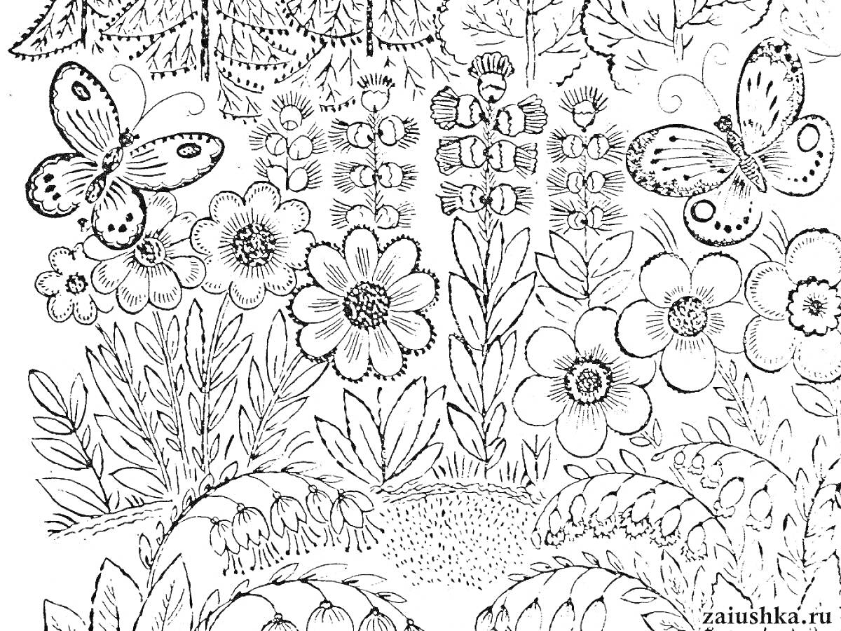 Раскраска Полянка с цветами, бабочками и травой у леса