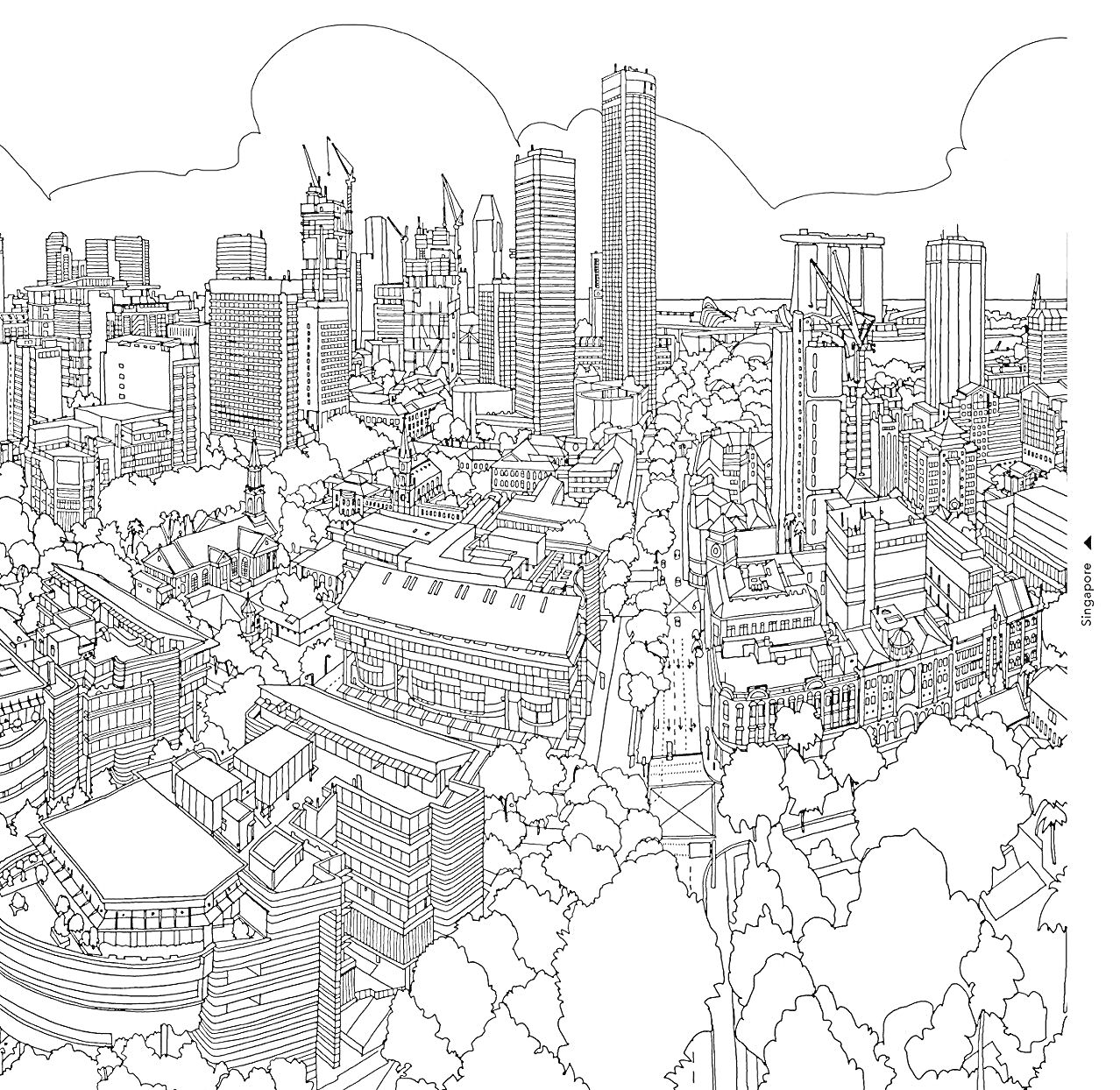 Раскраска Городская панорама с высотными зданиями и парковой зоной