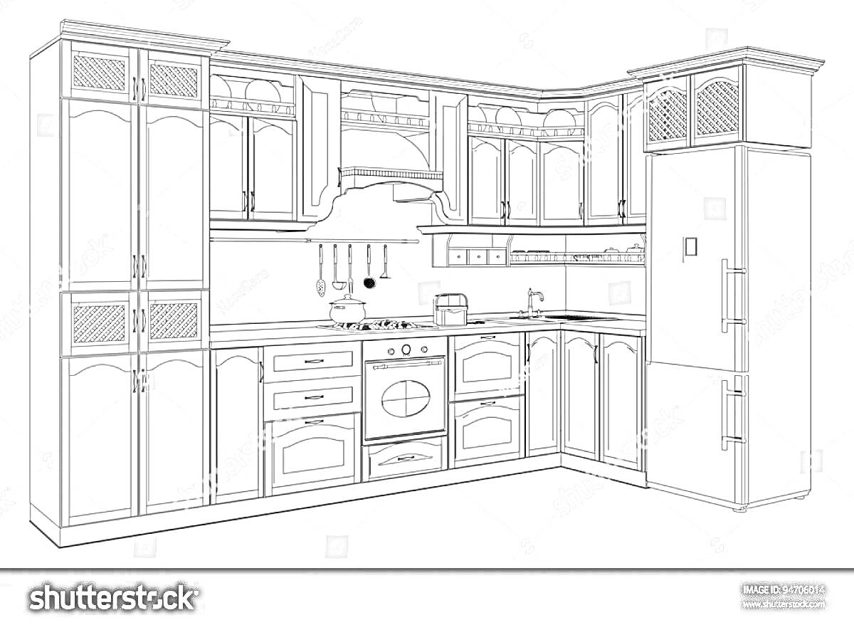 Раскраска Кухонный гарнитур с холодильником, духовкой, вытяжкой и шкафами
