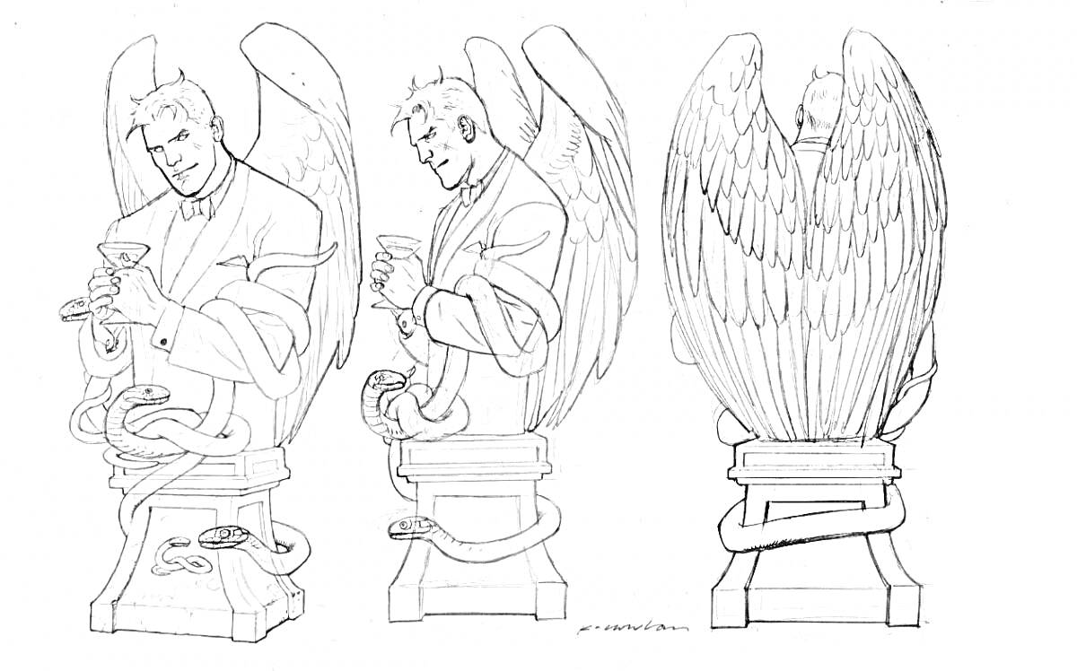 На раскраске изображено: Статуя, Мужчина, Крылья, Ангел, Змеи, Подставка, Фантазия, Искусство