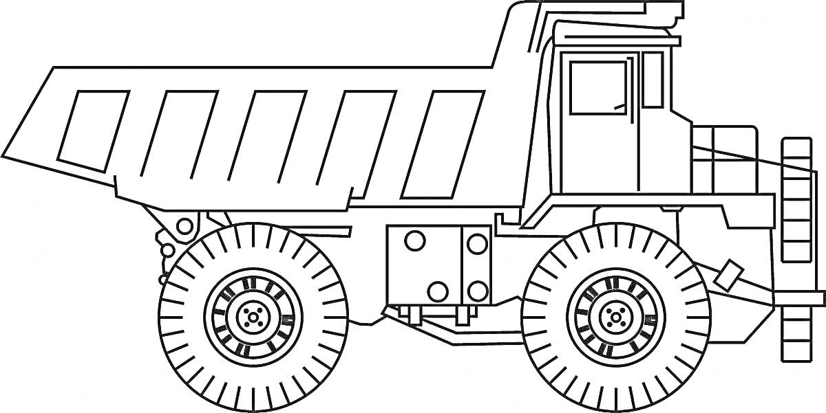 На раскраске изображено: Карьерный самосвал, Большие колеса, Строительная техника