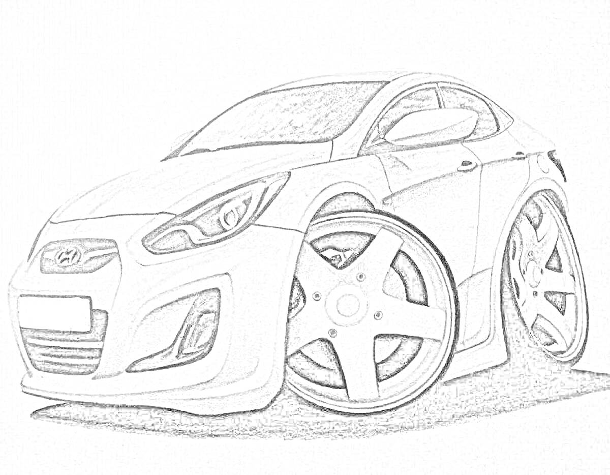 Рисунок автомобиля Hyundai Solaris с увеличенными колесами и прорисованными деталями