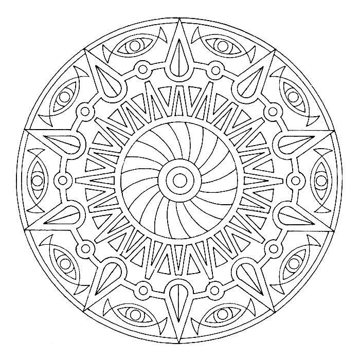 Раскраска Мандала с центральной спиралью, окруженной треугольниками, каплевидными фигурами и глазами по периметру