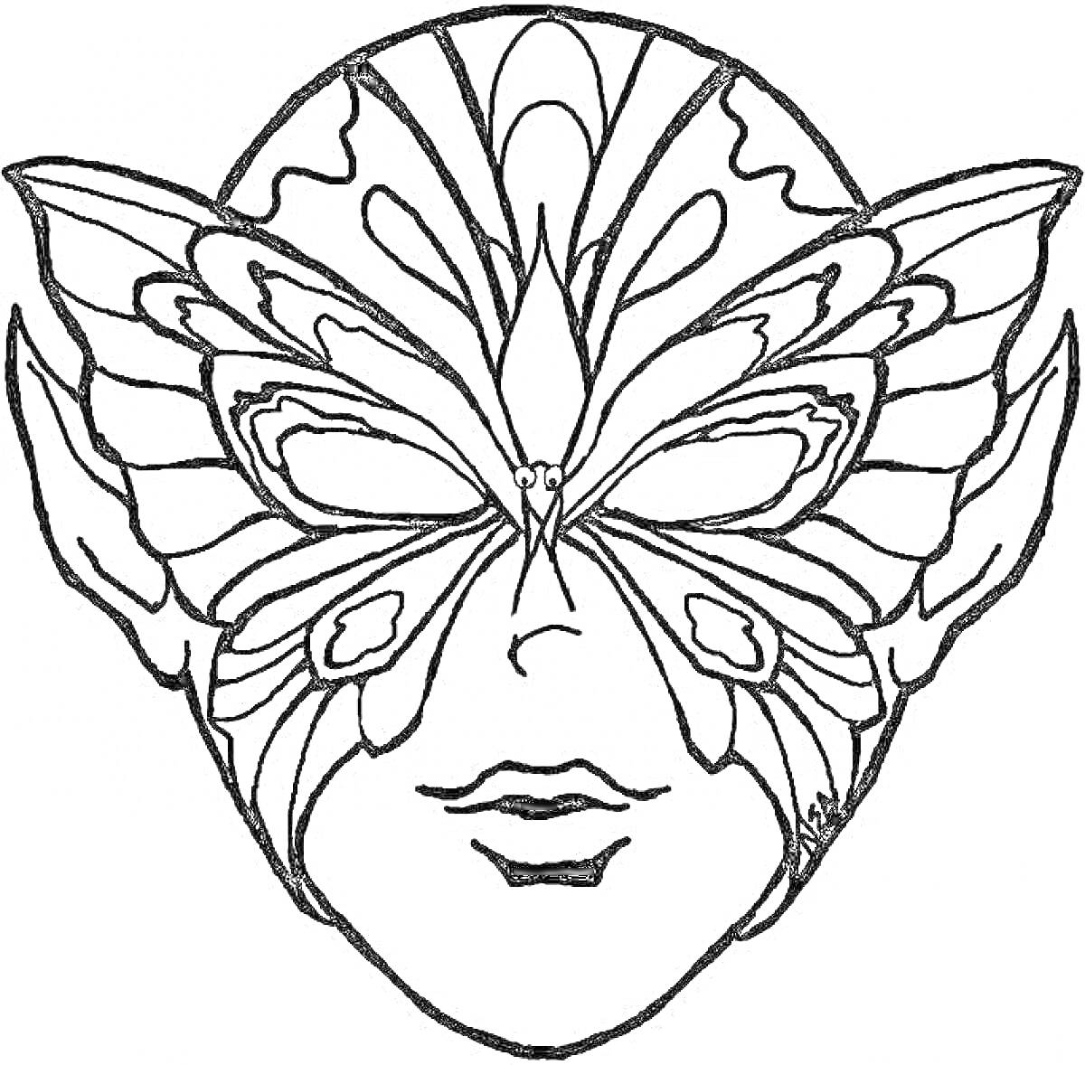 Раскраска Лицо с театральной маской в виде бабочки, с ушами и крыльями