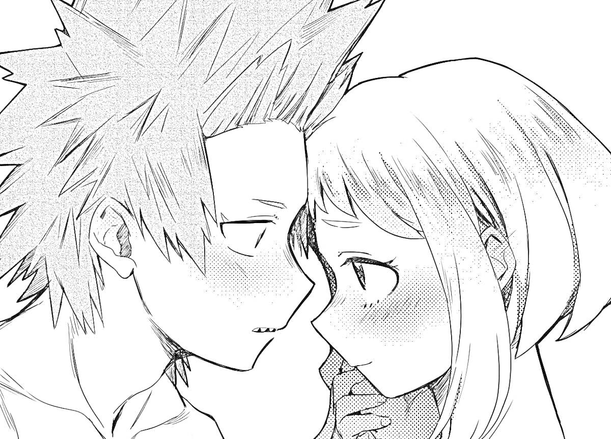 Раскраска Аниме пара перед поцелуем, мужчина с колючими волосами и смущенная женщина с короткими волосами