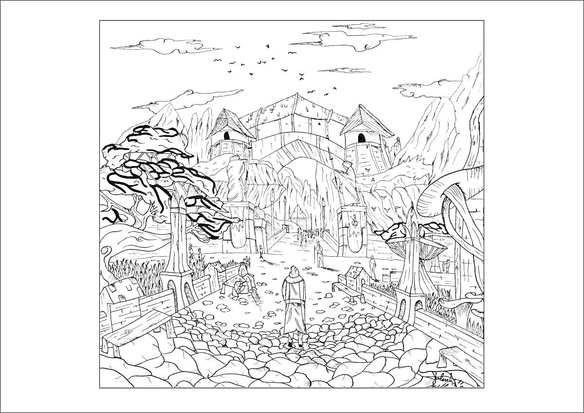 На раскраске изображено: Пейзаж, Деревня, Мост, Человек, Горы, Деревья, Облака