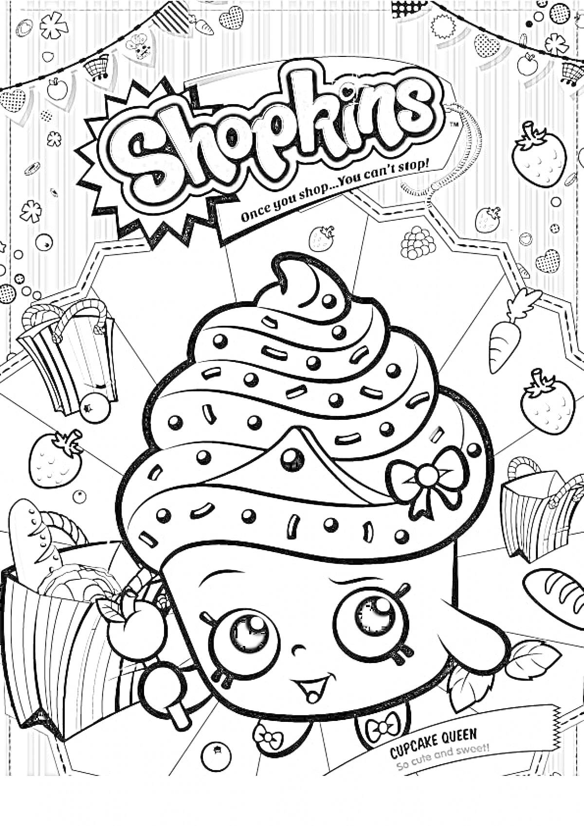 Раскраска Shopkins: Cupcake Queen на фоне магазинов с фруктами и выпечкой
