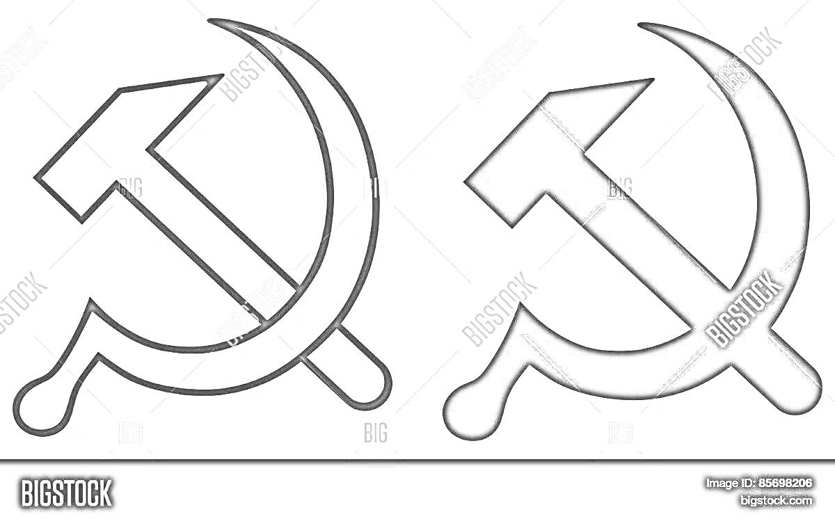 Раскраска Два символа серпа и молота - один контурный, другой закрашенный