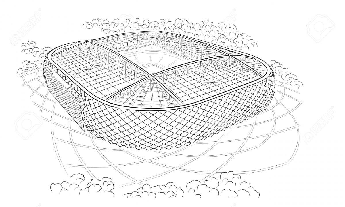 Раскраска Стадион с сетчатой конструкцией, футбольное поле, деревья вокруг