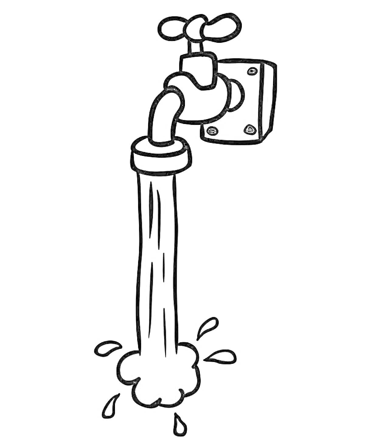 Раскраска Водопроводный кран с текущей водой и брызгами