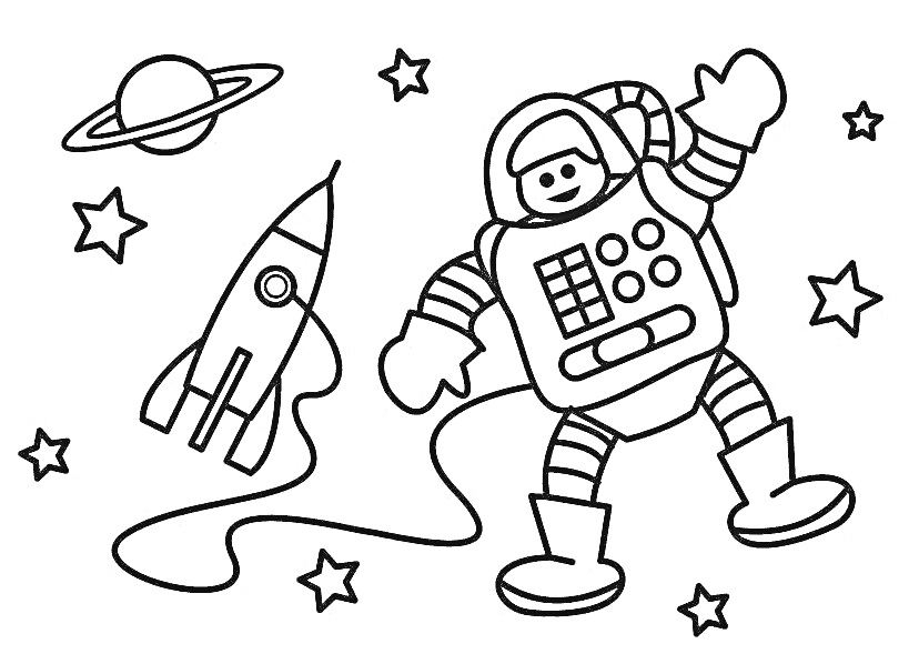 На раскраске изображено: Ракета, Звезды, Космос, Иллюстрация, Планеты, Детские, Игрушки, Космонавты