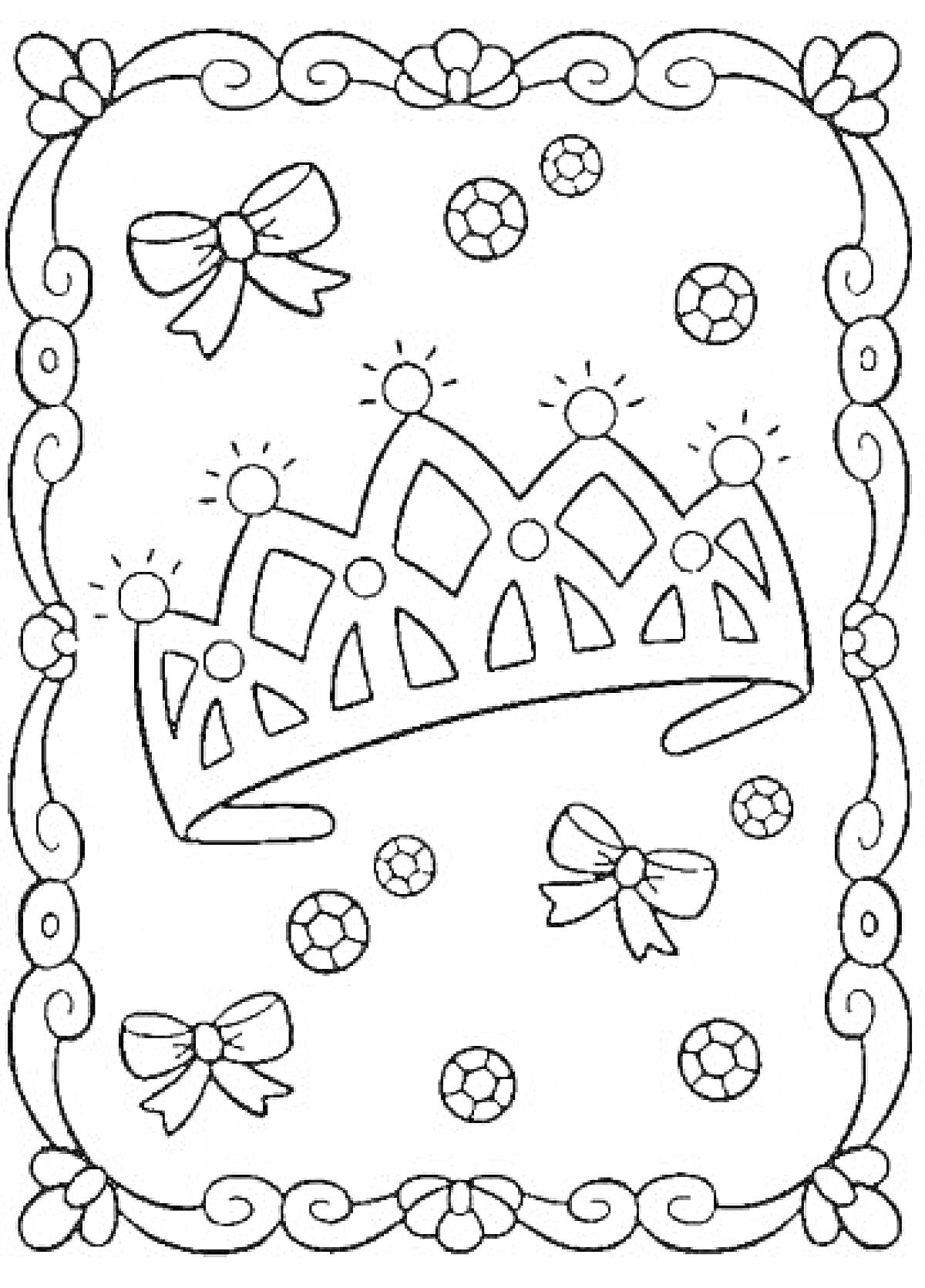 Раскраска Корона с бантами и бусинами в декоративной рамке