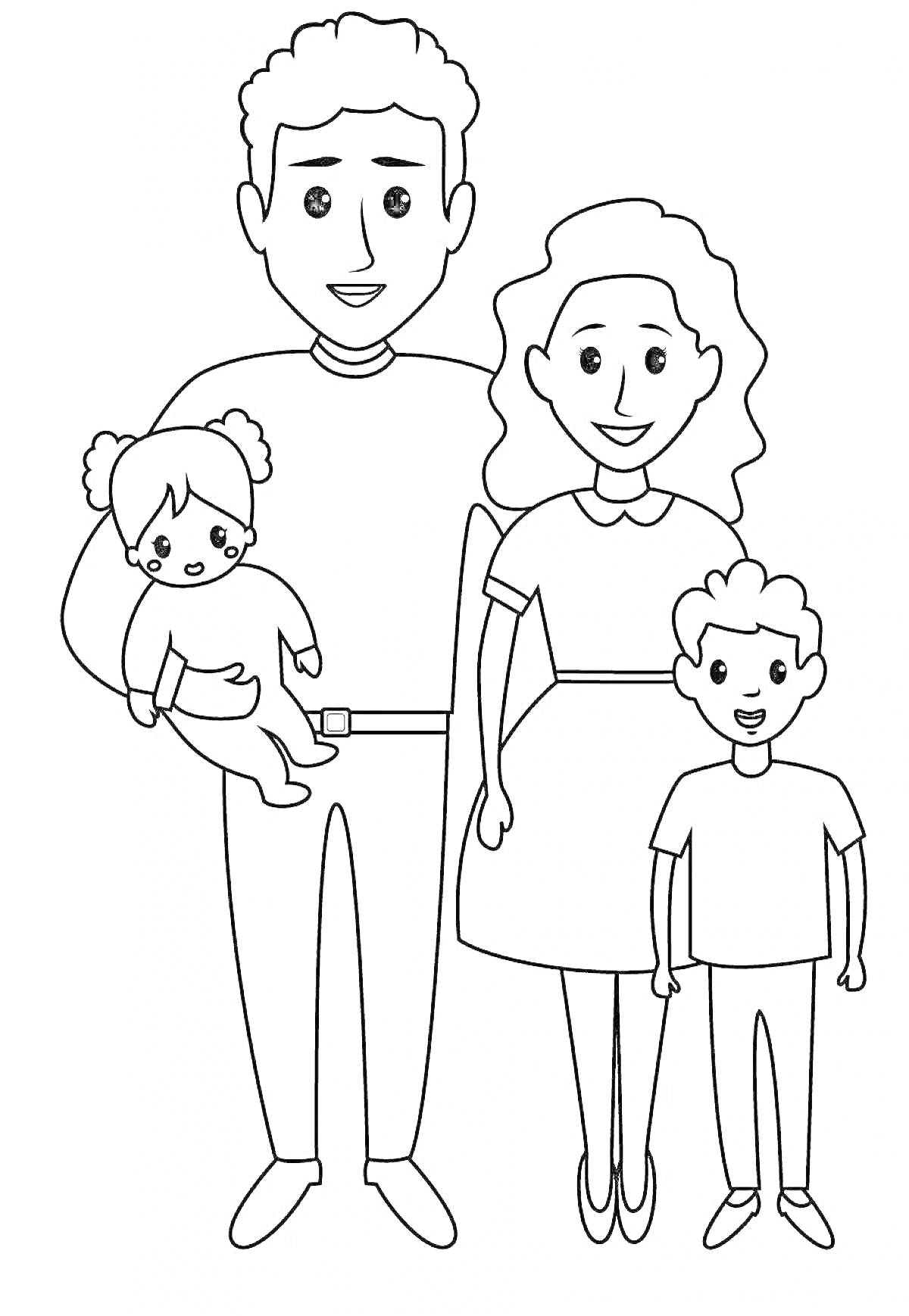 На раскраске изображено: Семья, Отец, Дочь, Сын, Родители, Семейный портрет