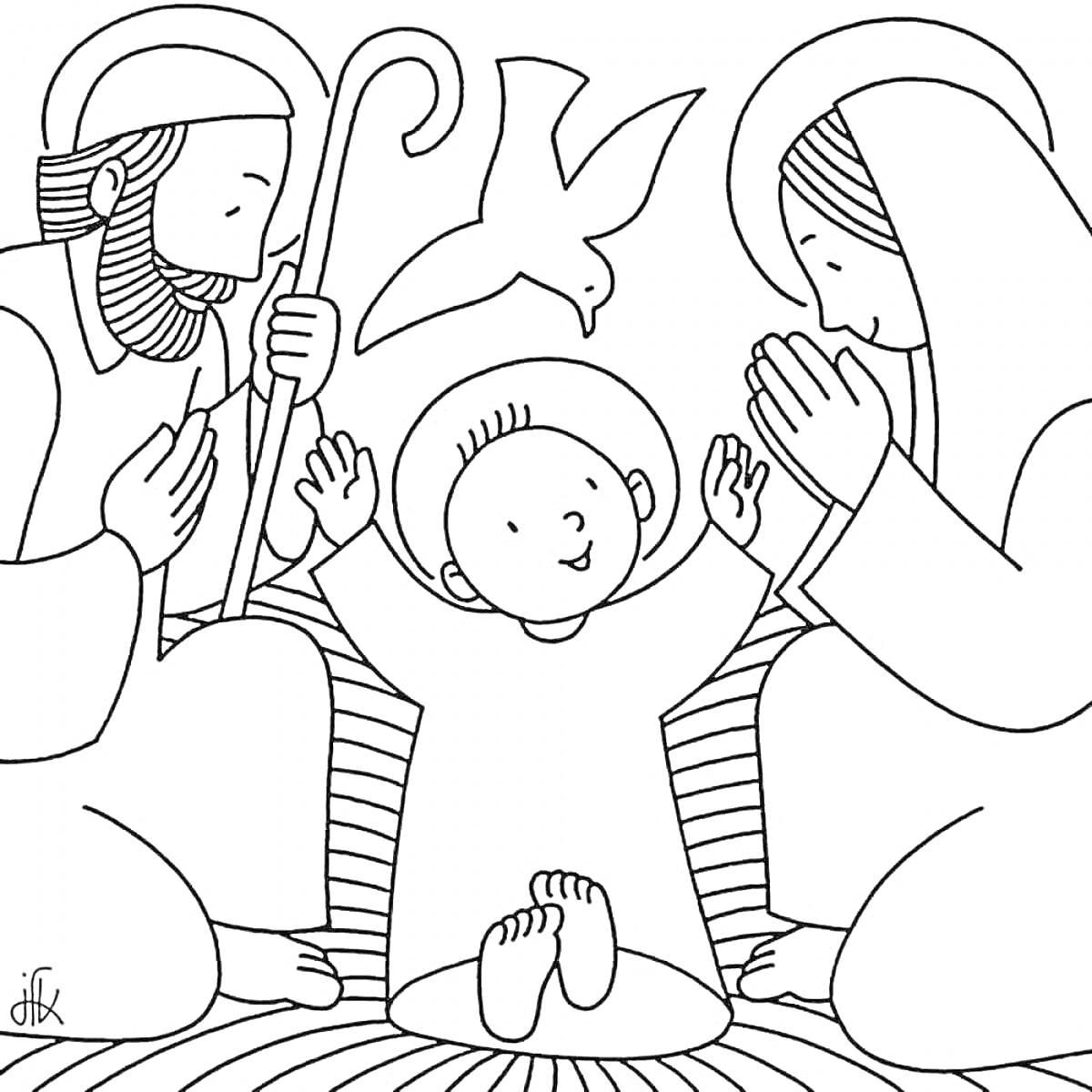 Раскраска Святая семья с младенцем Иисусом, ангелом и родителями в колыбели