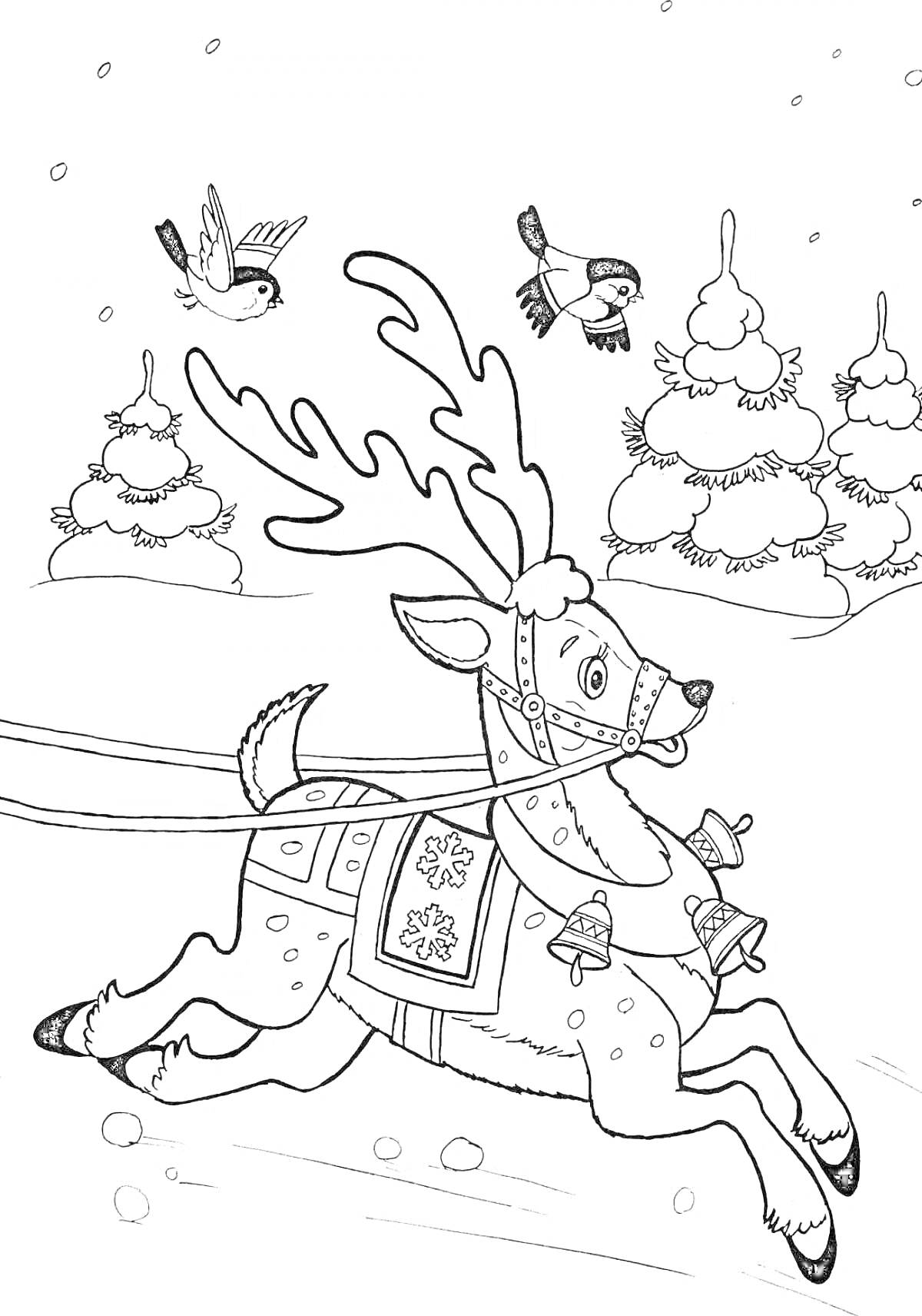 На раскраске изображено: Олень, Зима, Упряжка, Снег, Заснеженные деревья, Зимняя сказка