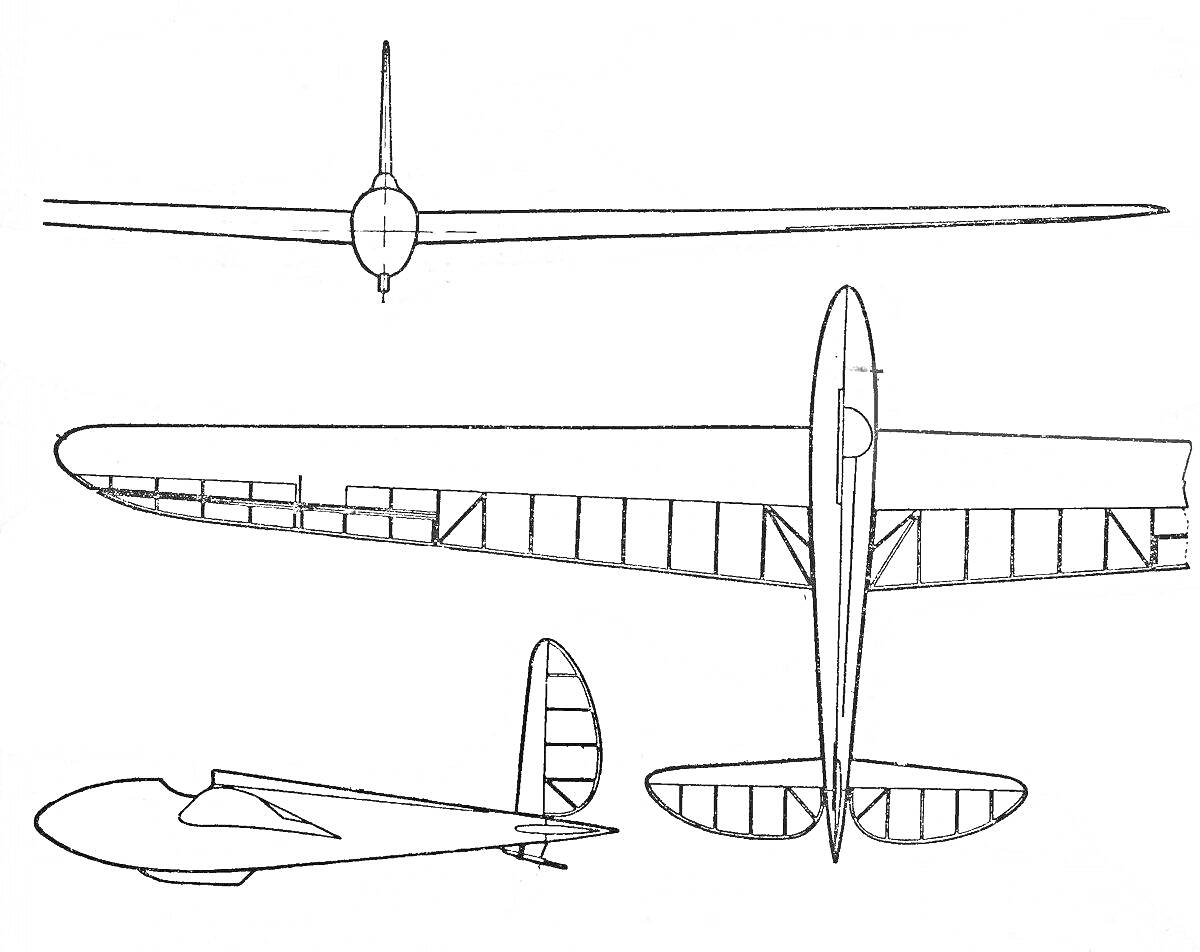планер в трёх проекциях (вид сбоку, вид сверху, вид спереди)