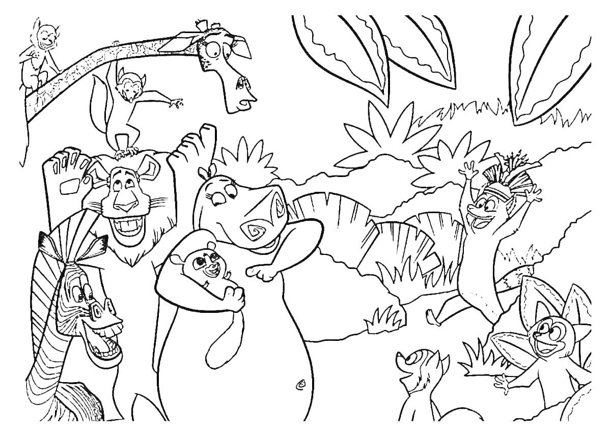 На раскраске изображено: Джунгли, Лев, Бегемот, Листья, Природа, Динозавр, Животные, Жирафы, Зебры, Из мультфильмов, Обезьяны