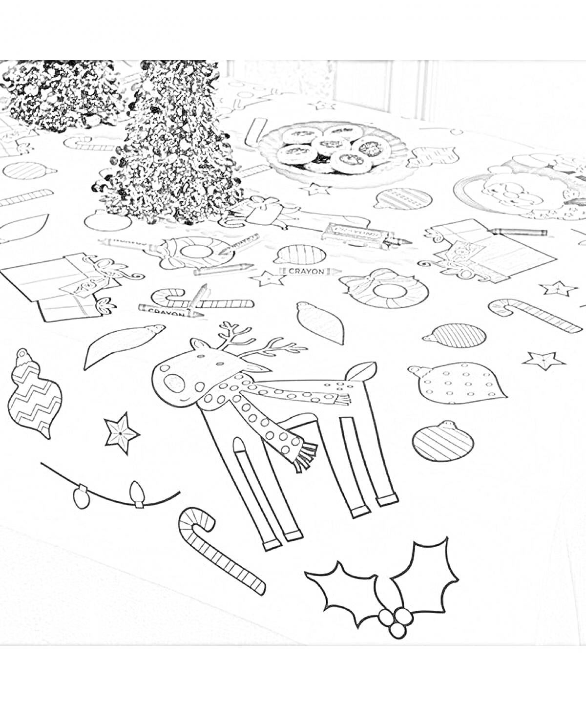 Раскраска скатерть с изображениями оленя, подарков, рождественских венков, конфеты, рождественских украшений, печенья, звёзд и рождественского леденца