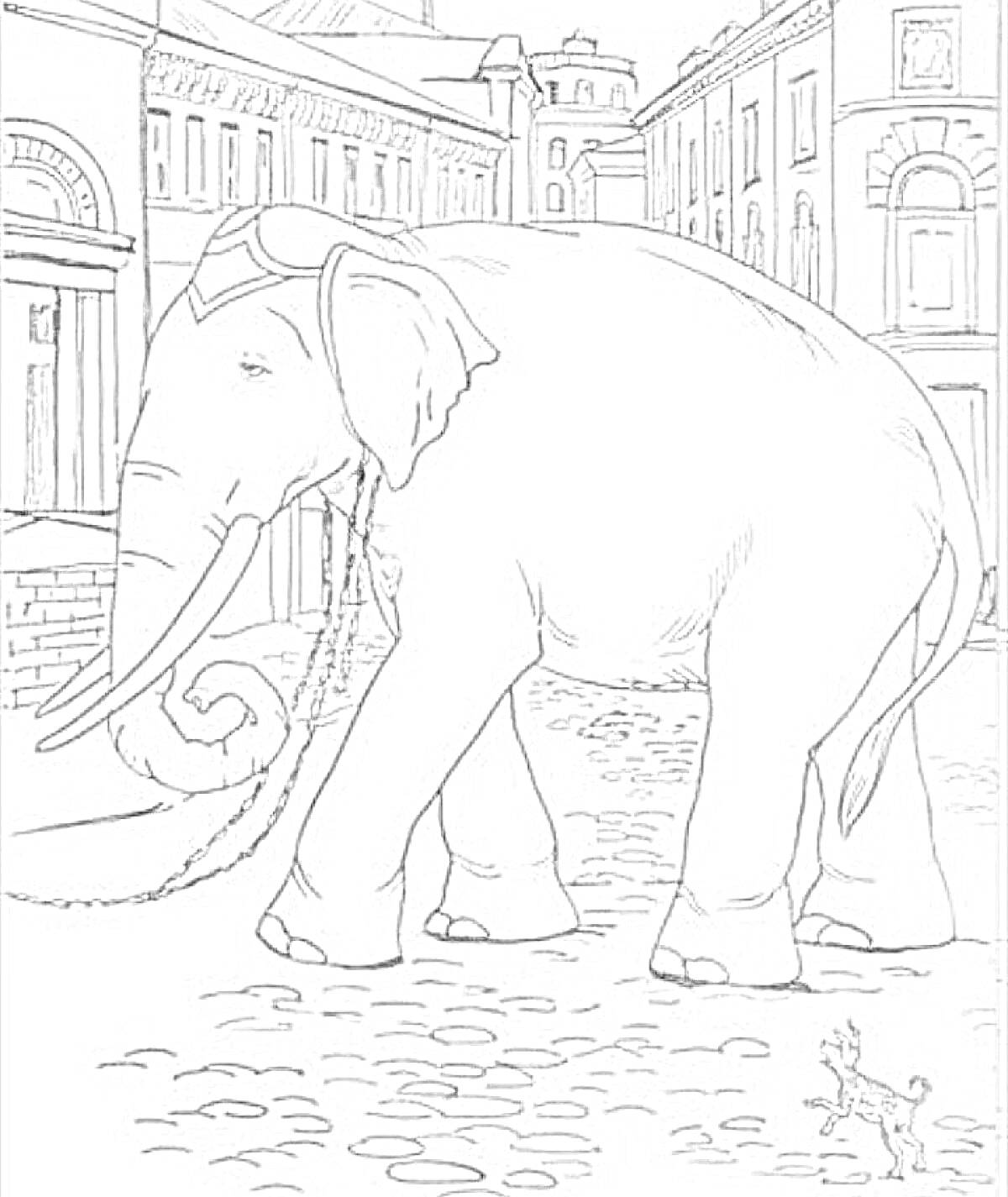 На раскраске изображено: Слон, Исторические здания, Иллюстрация, Искусство, Из сказок, Животные, Города, Улицы