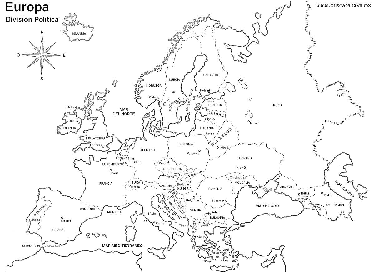 Политическая карта Европы с границами стран и названиями государств