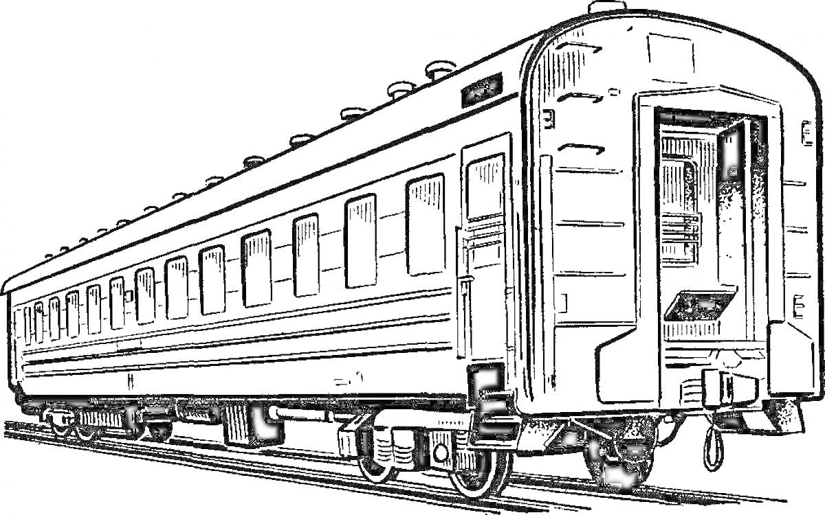Раскраска Пассажирский поезд с вагонами, окнами, дверями и колесами на железнодорожных путях