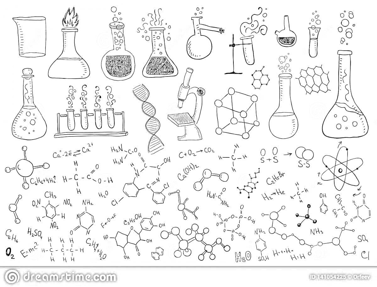 На раскраске изображено: Химия, Лаборатория, Оборудование, Молекулы, Формулы, Пробирки, Микроскоп, ДНК, Атомы, Химические элементы, Научные исследования