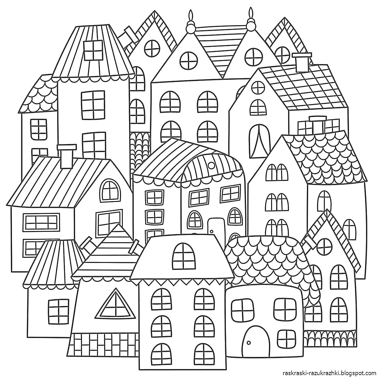 Раскраска Большой дом состоящий из множества маленьких домиков с крышами, окнами и дверями