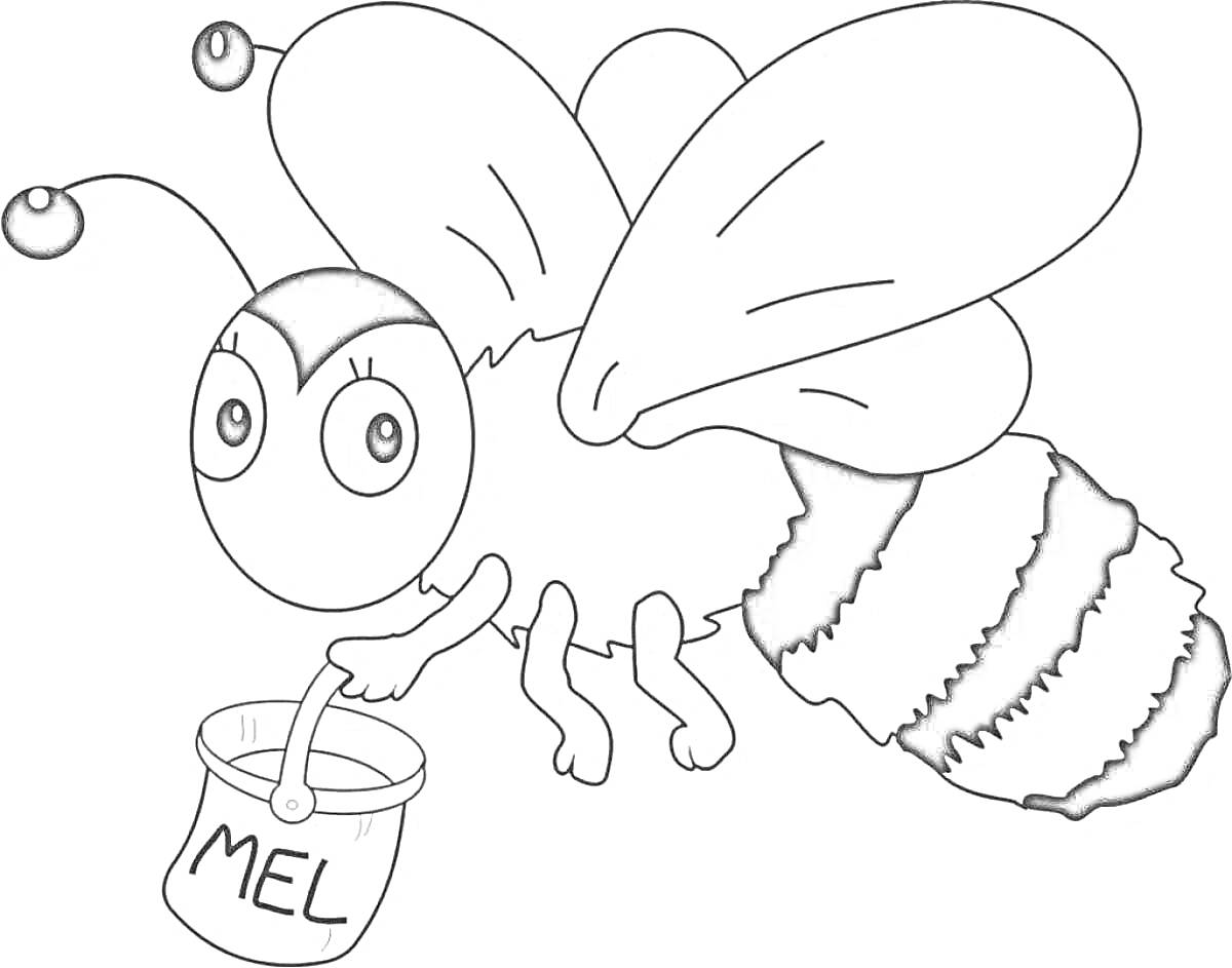 На раскраске изображено: Мёд, Крылья, Насекомое, Для детей, Ведёрко, Пчёлы