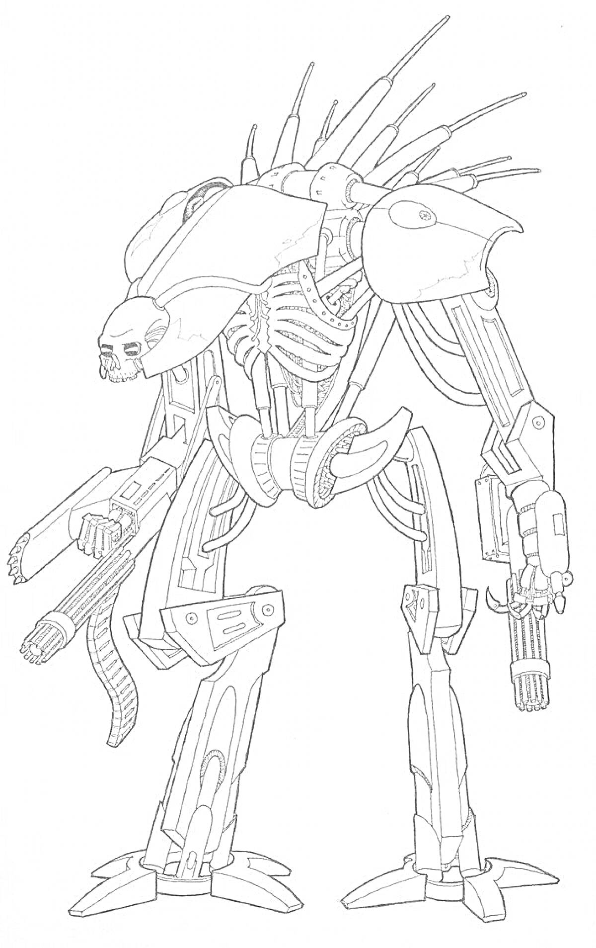 На раскраске изображено: Робот, Оружие, Шипы, Череп, Механизмы, Спина, Руки, Ноги, Техника