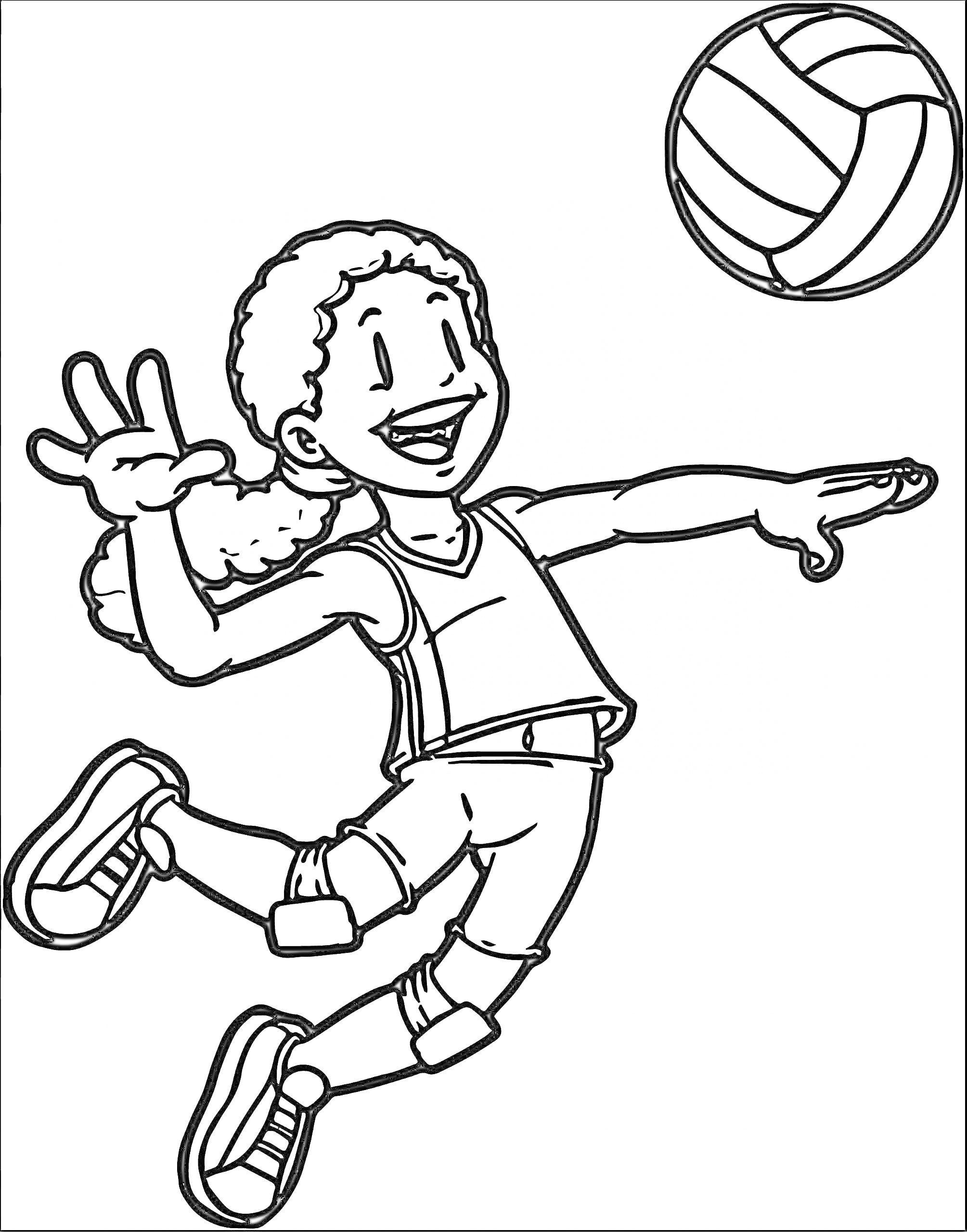 На раскраске изображено: Волейбол, Спортсменка, Волейбольный мяч, Спортивная одежда, Кроссовки, Спорт, Активность, Девочка