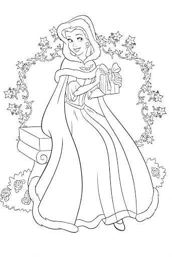 РаскраскаПринцесса Аврора на скамейке с подарком и цветочной аркой