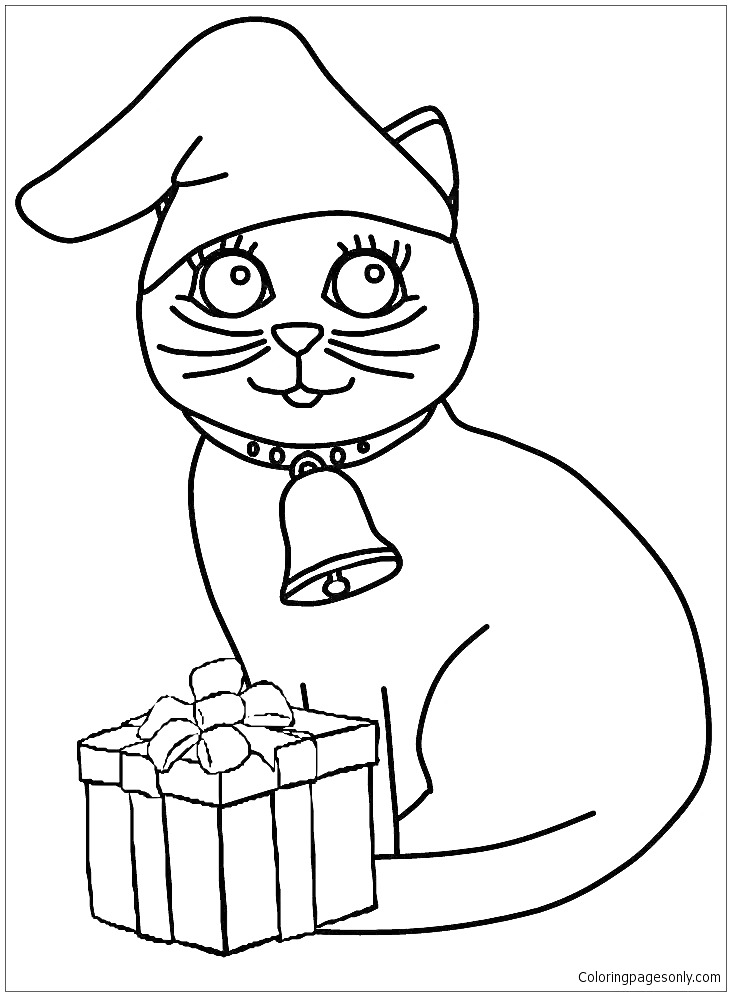 Раскраска Котик в новогодней шапке с подарком и колокольчиком