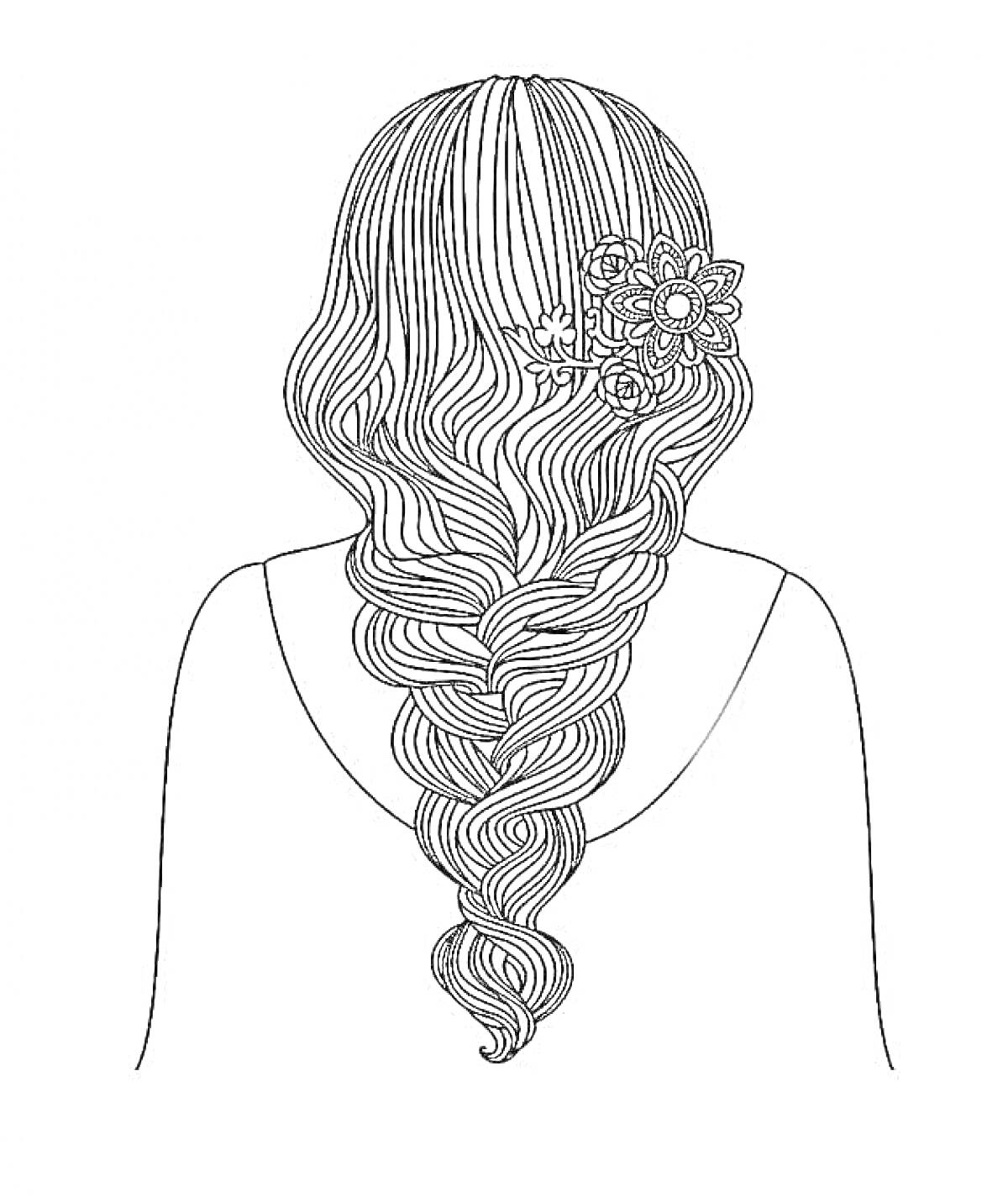 На раскраске изображено: Длинные волосы, Коса, Волнистые волосы, Цветочное украшение, Волосы