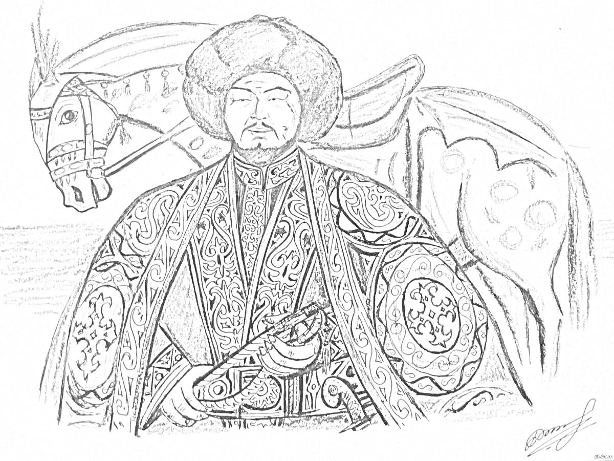 Раскраска Батыр в национальной одежде с верным конем