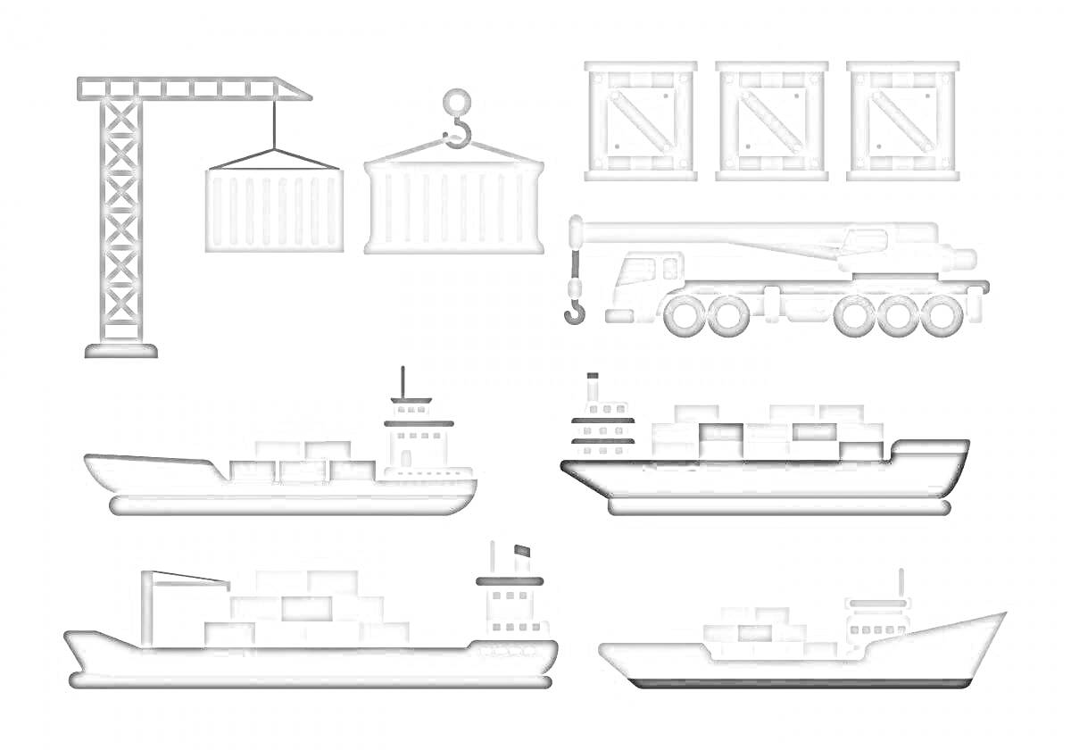 На раскраске изображено: Контейнеровоз, Подъемный кран, Транспортировка, Логистика, Море, Корабль
