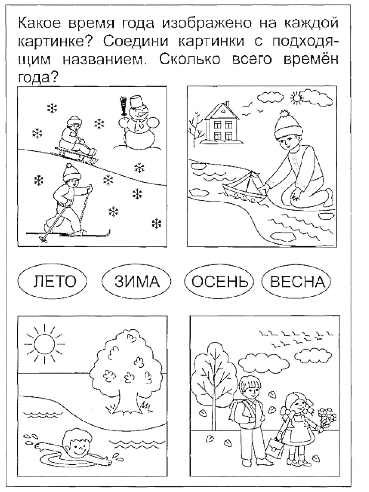 Раскраска 1) Катание на лыжах и снеговик (Зима) 2) Поездка на лодке по реке (Весна) 3) Плавание в реке под солцем (Лето) 4) Сбор урожая с деревьев (Осень)