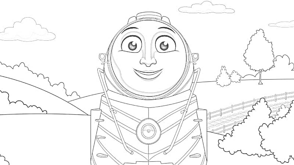 На раскраске изображено: Чарли, Железная дорога, Деревья, Облака, Забор, Лайнер, Детский персонаж