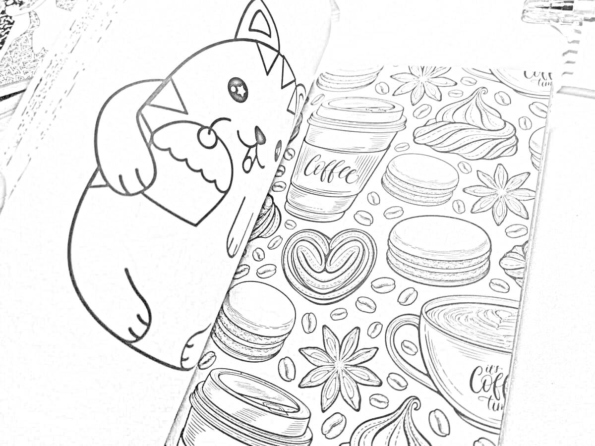 На раскраске изображено: Кот, Кекс, Кофе, Макароны, Пирожное, Цветы