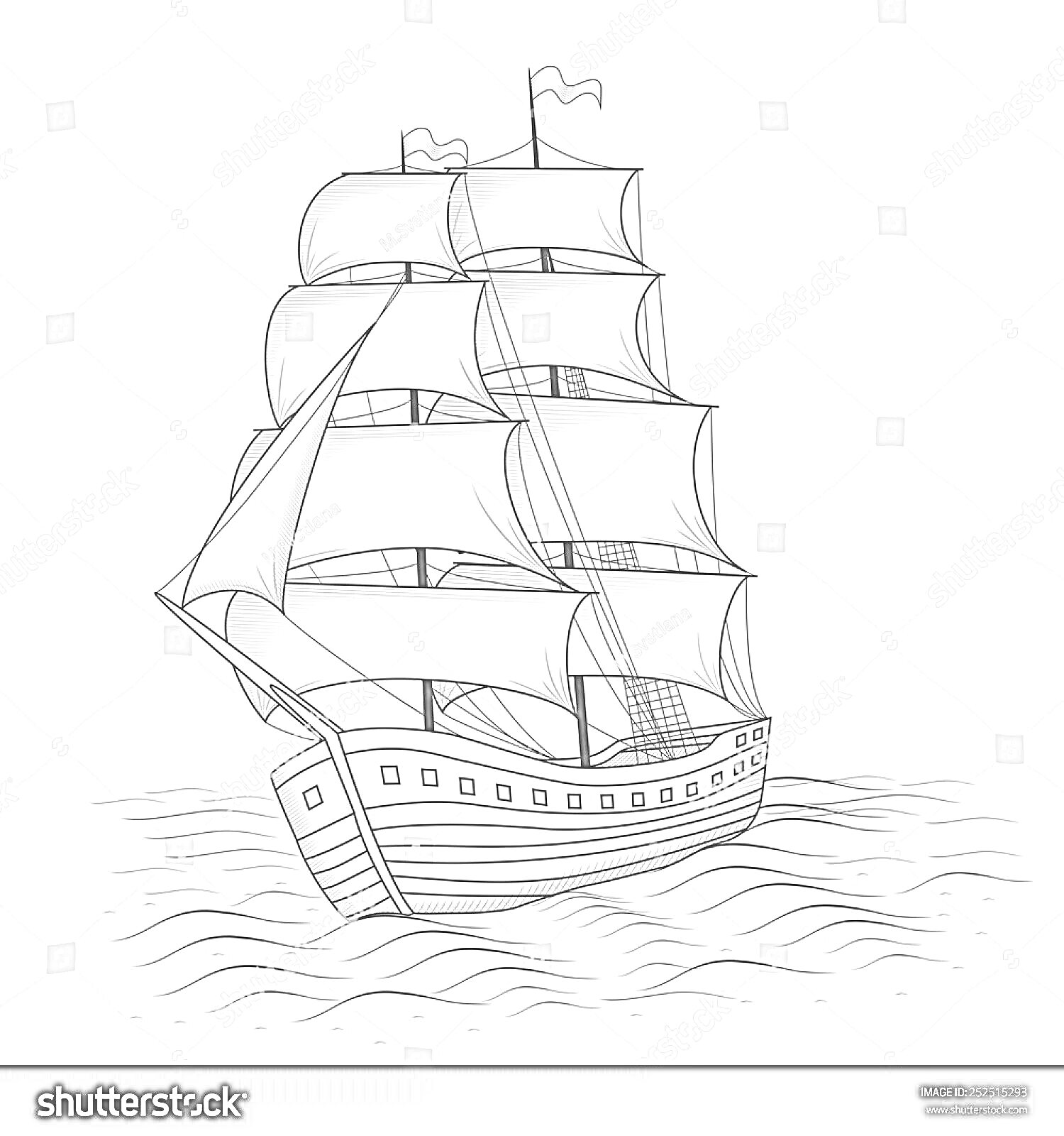 На раскраске изображено: Корабль, Паруса, Море, Волны, Небо, Движение