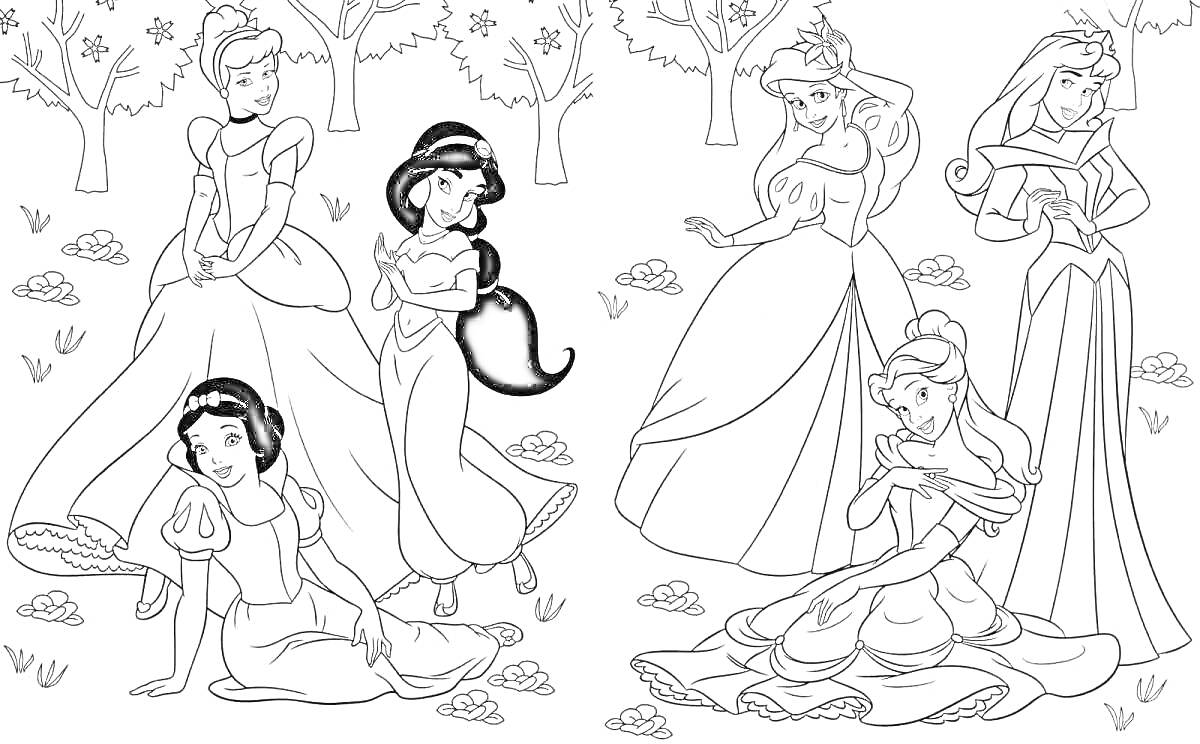Раскраска принцессы Дисней на природе, шесть принцесс, деревья, цветы, трава